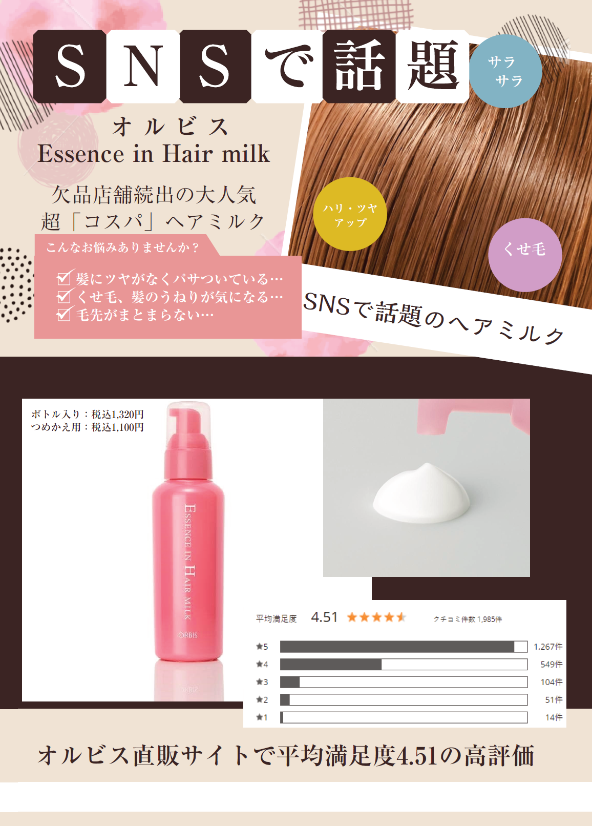 オルビス エッセンスインヘアミルク サンプル - ヘアケア